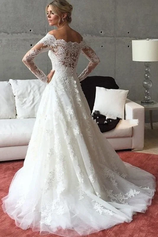 Bold Red Dress A Line Off the Shoulder Long Sleeves Sweep Train Wedding Dress