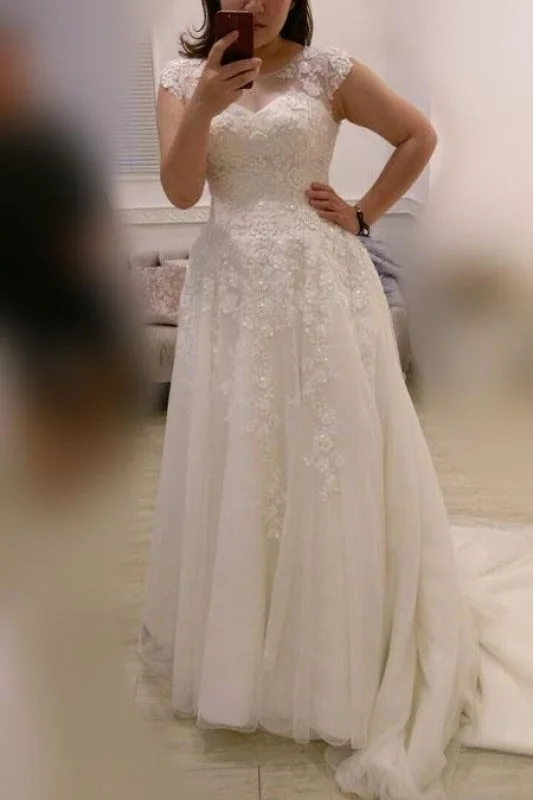 Fancy Embellished Dress A-line Plus Size Ivory Cap Sleeves Sweep Train Lace Appliques Tulle Wedding Dresses Fancy Embellished Dress A-line Plus Size Ivory Cap Sleeves Sweep Train Lace Appliques Tulle Wedding Dresses