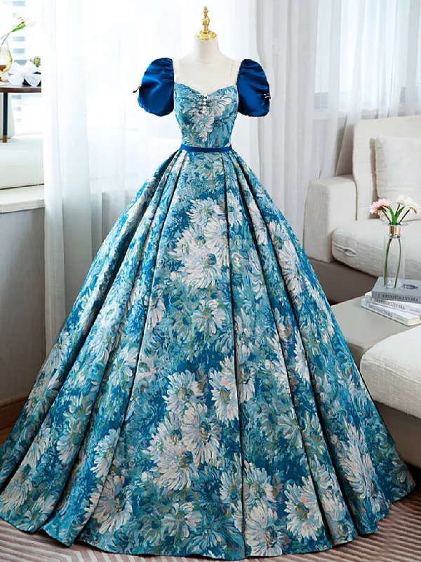 Sophisticated Party Dress A-Line Puff Sleeves Satin Blue Long Prom Dress, Blue Long Formal Dress Sophisticated Party Dress A-Line Puff Sleeves Satin Blue Long Prom Dress, Blue Long Formal Dress