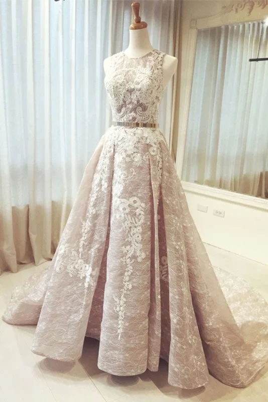 Luxe Embroidered Gown A-line Round Neck Sleeveless Ruched Lace Long Prom with Belt Wedding Dress Luxe Embroidered Gown A-line Round Neck Sleeveless Ruched Lace Long Prom with Belt Wedding Dress