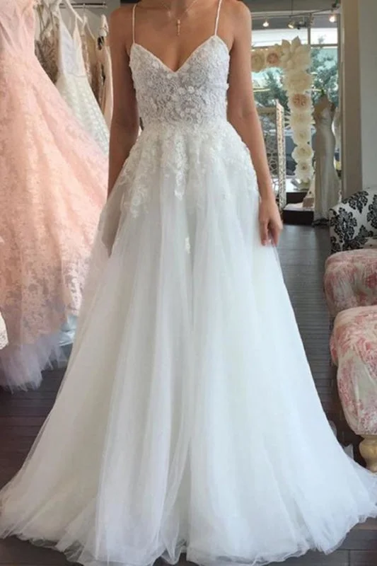 Stunning Silk Gown A Line Spaghetti Straps V Neck Floor Ivory Tulle Beach Wedding Dress Stunning Silk Gown A Line Spaghetti Straps V Neck Floor Ivory Tulle Beach Wedding Dress