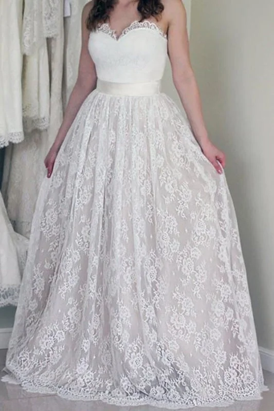 Halter Gown A Line Sweetheart Cheap Strapless Lace Wedding Dress