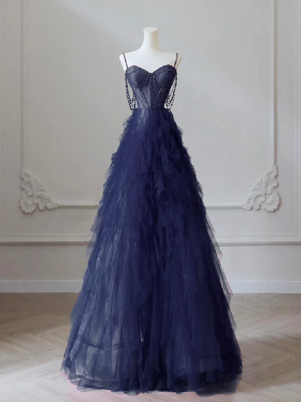 Perfect Prom Dress A-Line Sweetheart Neck Tulle Dark Blue Long Prom Dress, Dark Blue Long Graduation Dress with Beads Perfect Prom Dress A-Line Sweetheart Neck Tulle Dark Blue Long Prom Dress, Dark Blue Long Graduation Dress with Beads