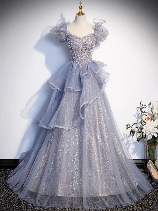 Sophisticated Maxi Dress A-Line Sweetheart Neck Tulle Sequin Gray Blue Long Prom Dress, Gray Blue Long Formal Dress