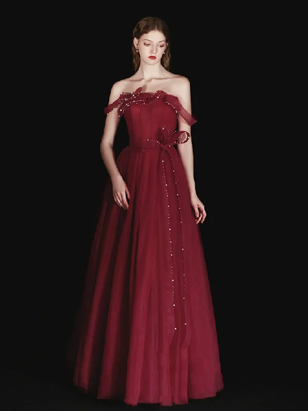 Unique Cocktail Dress A-Line Tulle Beads Burgundy Long Prom Dress, Burgundy Long Evening Dress Unique Cocktail Dress A-Line Tulle Beads Burgundy Long Prom Dress, Burgundy Long Evening Dress