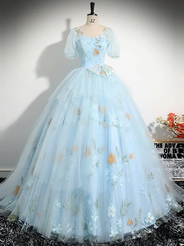 Cinderella Style Dress A-Line V Neck Tulle Lace Blue Long Prom Dress, Blue Lace Long Formal Dress Cinderella Style Dress A-Line V Neck Tulle Lace Blue Long Prom Dress, Blue Lace Long Formal Dress