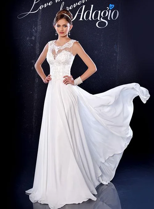 Fashionista’s Dream Dress Adagio Bridal 9163 size 0 Ivory Long Chiffon Sheer Lace Wedding Dress Open Back Train