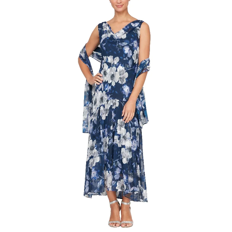 Full Skirt Dress Alex Evenings 8175903 Printed Tea Length Dress