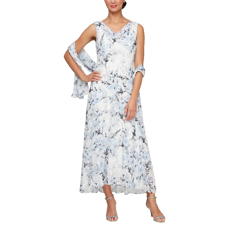 Royal Blue Dress Alex Evenings 8175929 Tea Length Printed Formal Dress