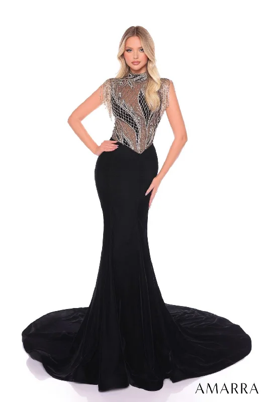 Satin Draped Gown Amarra 88104 Long Formal Fringe Mermaid Evening Prom Dress