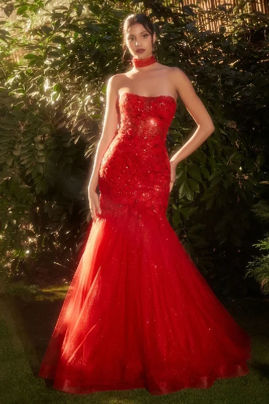 Striking Red Gown Andrea & Leo A1345 Glitter Formal Prom Long Mermaid Dress