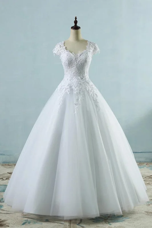 Gorgeous Party Dress Appliques Cap Sleeve Tulle A-line Wedding Dress