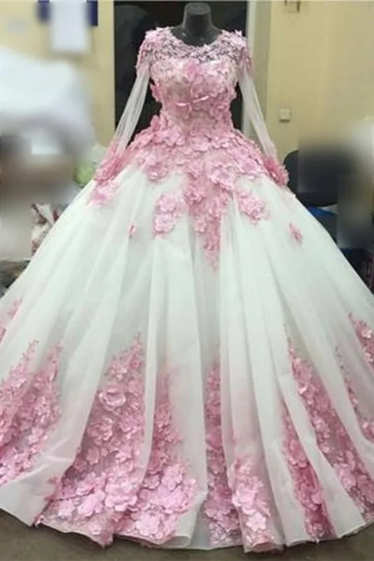 Puffy Sleeve Dress Ball Gown New Style Long Sleeve Tulle Prom with Pink Flowers Ivory Wedding Dress Puffy Sleeve Dress Ball Gown New Style Long Sleeve Tulle Prom with Pink Flowers Ivory Wedding Dress