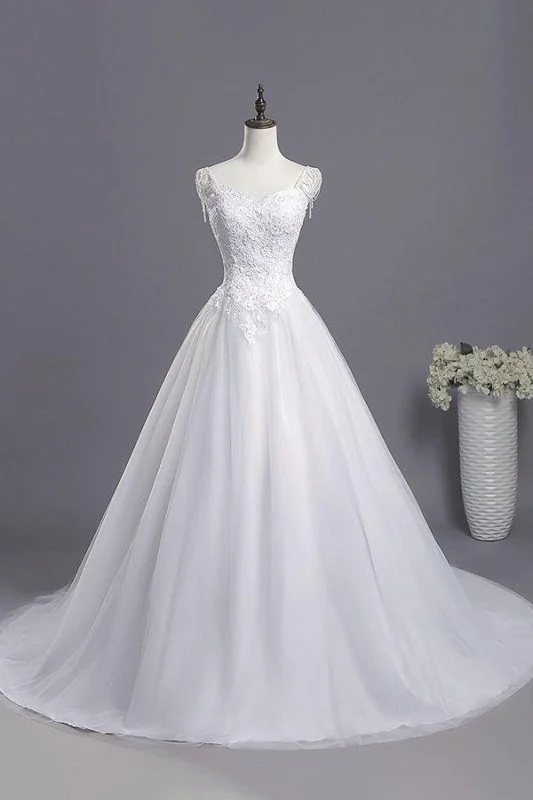 Structured Evening Gown Beading Appliques Lace A-line Tulle Wedding Dress