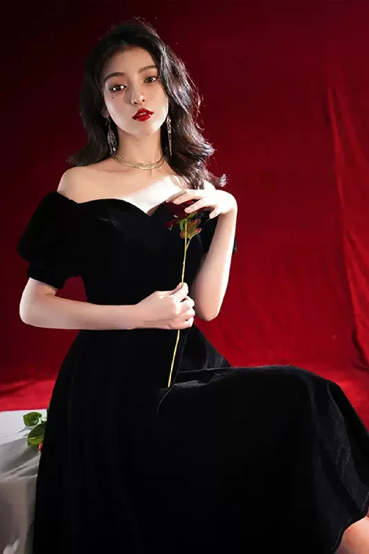 Ruched Velvet Dress Black Off Shoulder Tea Length Prom Homecoming Dresses, Off the Shoulder Black Formal Graduation Evening Dresses WT1019 Ruched Velvet Dress Black Off Shoulder Tea Length Prom Homecoming Dresses, Off the Shoulder Black Formal Graduation Evening Dresses WT1019