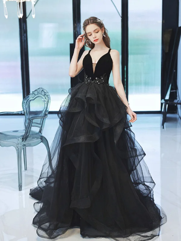 Polka Dot Gown Black V Neck Tulle Long Prom Dress, Black Tulle Formal Graduation Dresses Polka Dot Gown Black V Neck Tulle Long Prom Dress, Black Tulle Formal Graduation Dresses