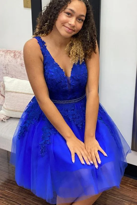 Side Slit Gown Blue Lace A Line V Neck Short Prom Dresses with Belt, Blue Lace Homecoming Dresses, Short Blue Formal Evening Dresses WT1028 Side Slit Gown Blue Lace A Line V Neck Short Prom Dresses with Belt, Blue Lace Homecoming Dresses, Short Blue Formal Evening Dresses WT1028