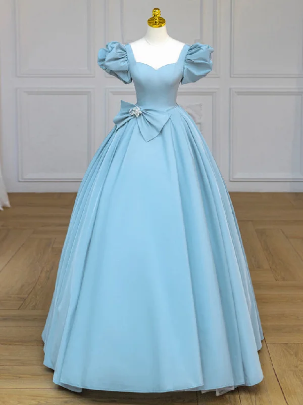 Elegant Tulle Gown Blue Satin Puff Sleeves Long Prom Gown, Blue Long Sweet 16 Dress Elegant Tulle Gown Blue Satin Puff Sleeves Long Prom Gown, Blue Long Sweet 16 Dress