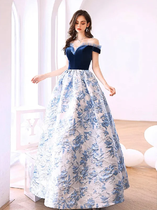 Statement Chiffon Dress Blue Satin Velvet Long Prom Dress, Blue Long Evening Dress