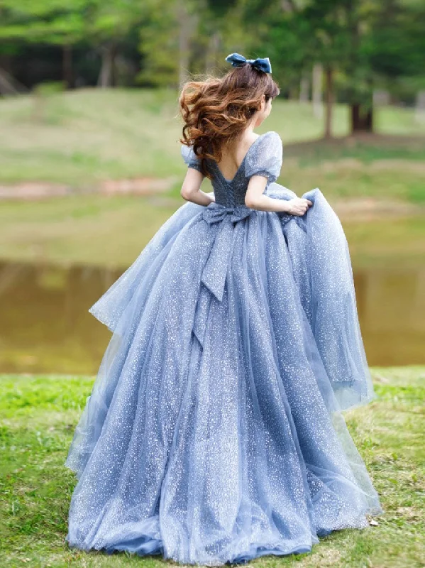 Ethereal Formal Gown Blue Tulle V Neck Tulle Long Prom Dress, Blue Sweet 16 Dress