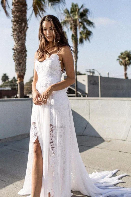 Party Ready Dress Bohemian Cheap Spaghetti Straps Long Beach Wedding Dress