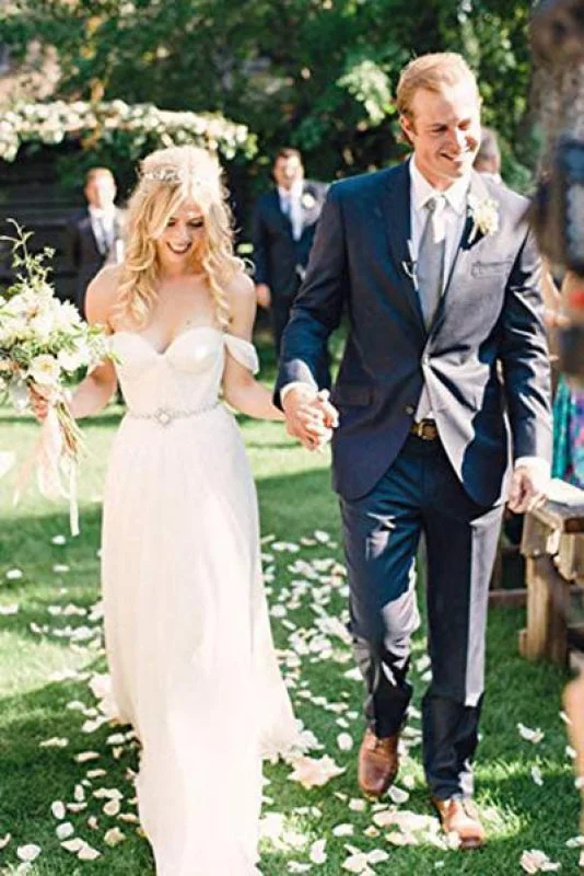 Elegant Beaded Dress Boho Off the Shoulder Chiffon with Beading Belt Flowy Wedding Dress Elegant Beaded Dress Boho Off the Shoulder Chiffon with Beading Belt Flowy Wedding Dress