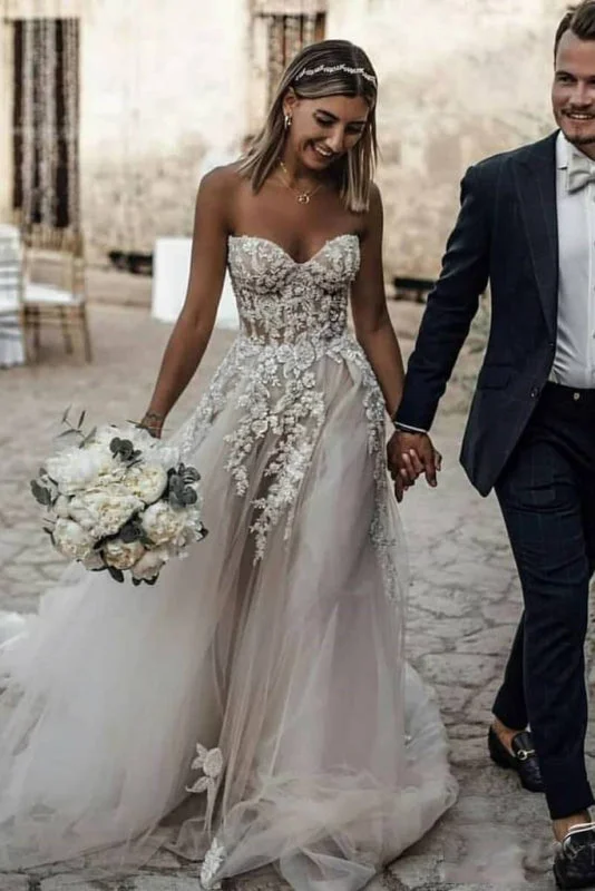 Open Back Dress Boho Sweetheart Tulle Long Beach Charming Appliques Wedding Dress