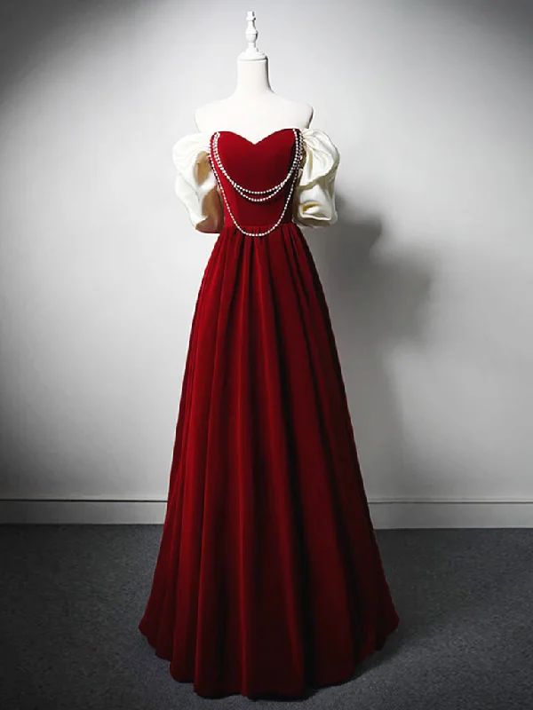 Polka Dot Gown Burgundy A-Line Off Shoulder Velvet Lace Long Prom Dress, Burgundy Long Formal Dress Polka Dot Gown Burgundy A-Line Off Shoulder Velvet Lace Long Prom Dress, Burgundy Long Formal Dress