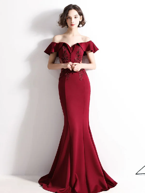 Elegant Organza Dress Burgundy Off Shoulder Satin Lace Long Prom Dress, Burgundy Evening Dresses Elegant Organza Dress Burgundy Off Shoulder Satin Lace Long Prom Dress, Burgundy Evening Dresses