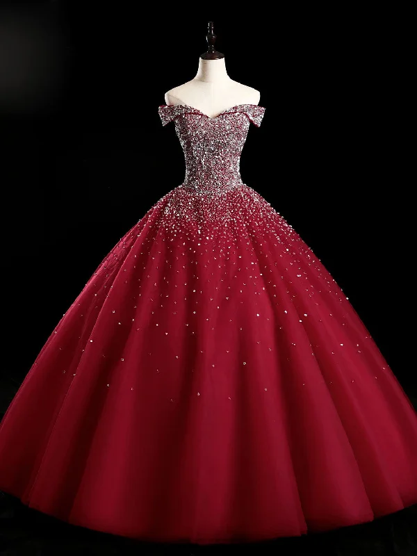 Sweetheart Neckline Dress Burgundy Off Shoulder Tulle Sequin Long Prom Dress, Burgundy Sweet 16 Dress