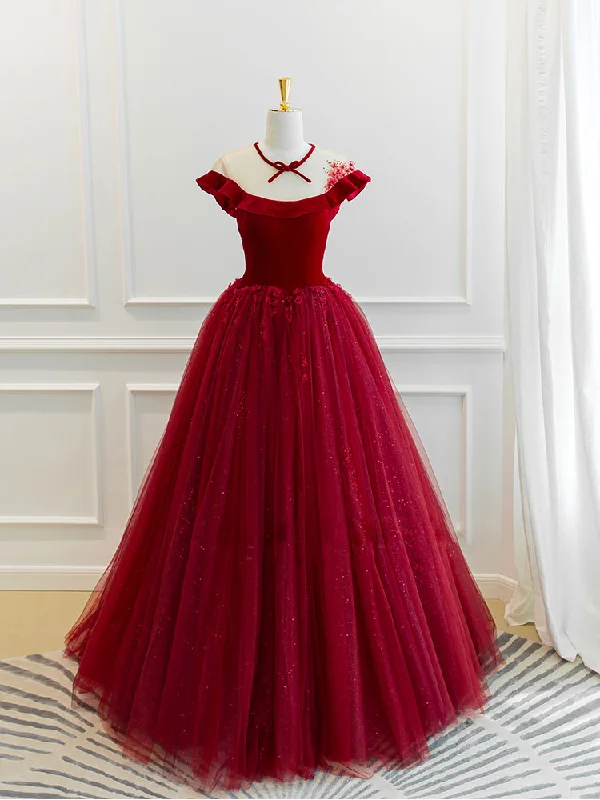 Regal Ball Gown Burgundy Round Neck Tulle Lace Long Prom Dress, Burgundy Evening Dress Regal Ball Gown Burgundy Round Neck Tulle Lace Long Prom Dress, Burgundy Evening Dress