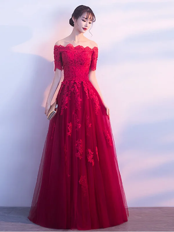 Metallic Formal Dress Burgundy Tulle Lace Long Prom Dress, Burgundy Tulle Bridesmaid Dresses Metallic Formal Dress Burgundy Tulle Lace Long Prom Dress, Burgundy Tulle Bridesmaid Dresses