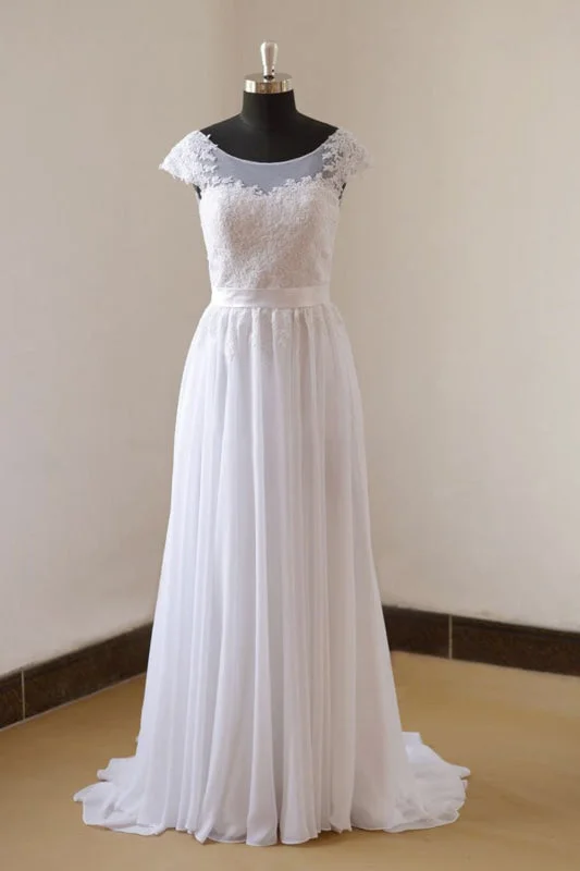 Glamorous Formal Dress Cap Sleeve Lace Chiffon A-line Wedding Dress