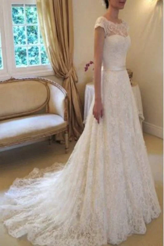 Modern Ball Gown Cap Sleeve Lace Long With Court Train Ivory Beach Wedding Dress