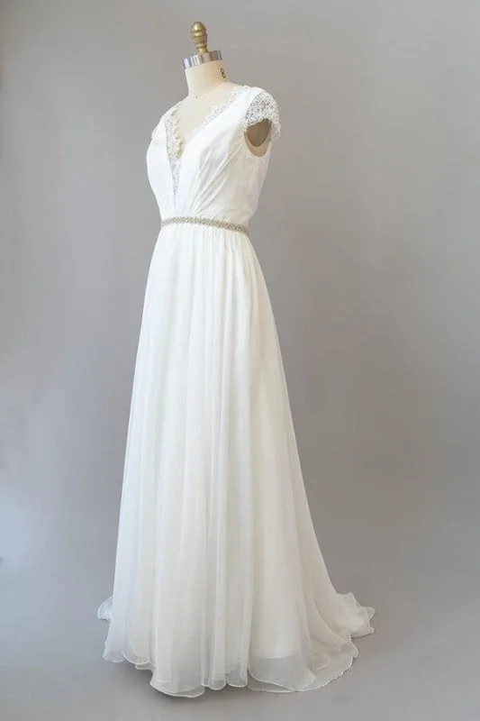 Chic Formal Gown Cap Sleeve V-neck Lace Chiffon Sheath Wedding Dress