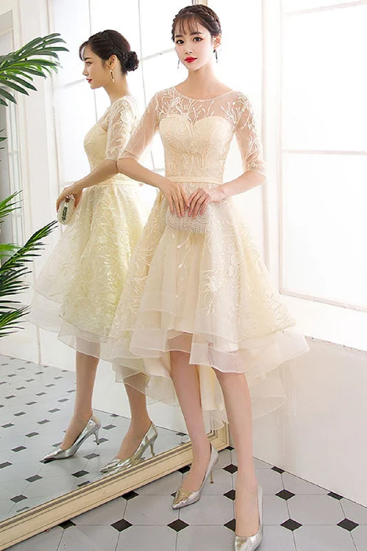 Floral Embroidery Dress Champagne Lace Half Sleeves High Low Prom Homecoming Dresses, High Low Champagne Formal Graduation Evening Dresses WT1043 Floral Embroidery Dress Champagne Lace Half Sleeves High Low Prom Homecoming Dresses, High Low Champagne Formal Graduation Evening Dresses WT1043