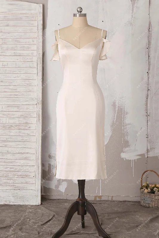 Brocade Formal Dress Champagne Silk Cold Shoulder Slit Bridal Evening Dress