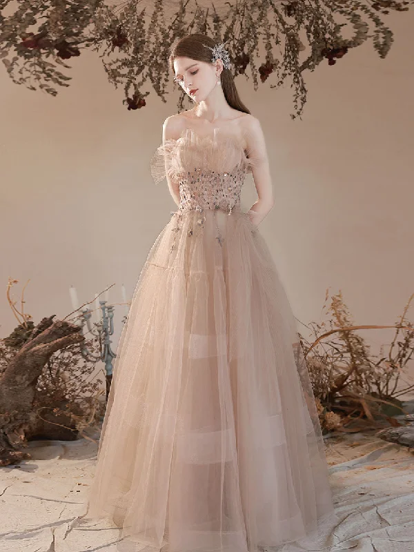 Full Skirt Dress Champagne Tulle Long Prom Dress, Champagne A line Formal Dresses