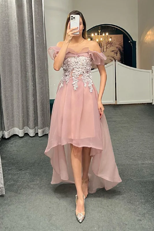 Empire Waist Gown Charming Off Shoulder High Low Pink/White Lace Prom Homecoming Dresses, Short Pink/White Lace Formal Graduation Evening Dresses WT1025 Empire Waist Gown Charming Off Shoulder High Low Pink/White Lace Prom Homecoming Dresses, Short Pink/White Lace Formal Graduation Evening Dresses WT1025