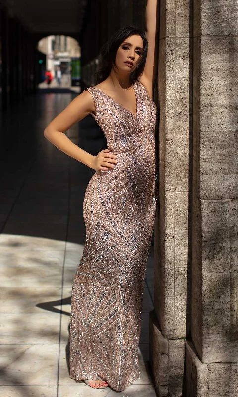 Lush Satin Gown Chic and Holland - AN1430 Beaded Back Slit Sheath Dress