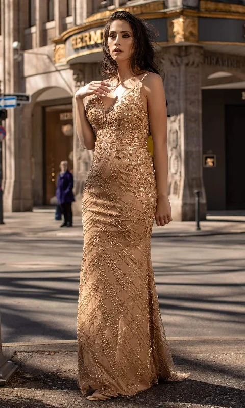 Showstopper Dress Chic and Holland - AN1469 Beaded Plunging V Neck Sheath Dress