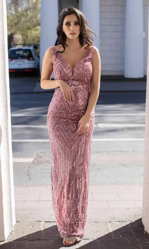 Fashionista’s Dream Dress Chic and Holland - AN1630 V Neck Sequined Back Slit Dress Fashionista’s Dream Dress Chic and Holland - AN1630 V Neck Sequined Back Slit Dress