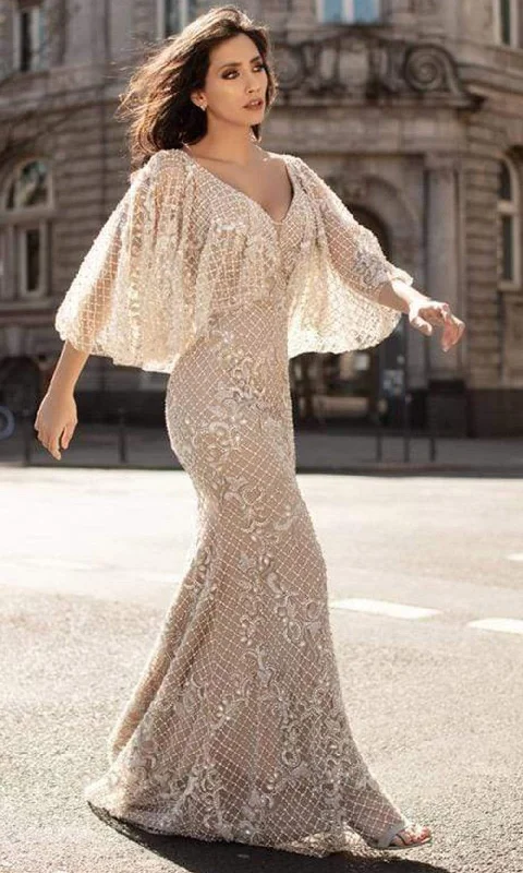 Sophisticated Party Dress Chic and Holland - HF1611 Bell Sleeve Lattice Trumpet Gown Sophisticated Party Dress Chic and Holland - HF1611 Bell Sleeve Lattice Trumpet Gown