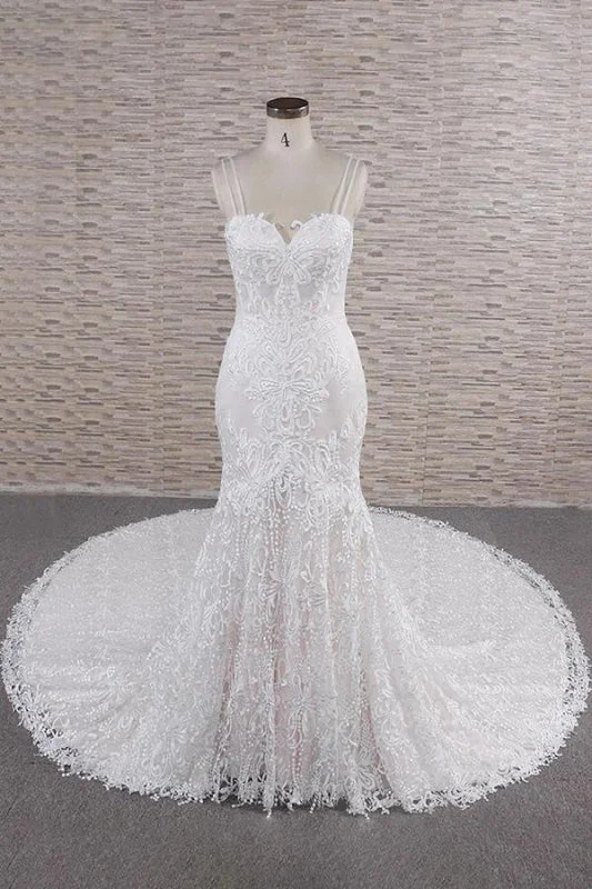 Stunning Applique Dress Chic Spaghetti Strap Appliques Mermaid Wedding Dress
