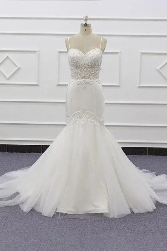 Trendy Party Dress Chic Spaghetti Strap Beading Mermaid Wedding Dress