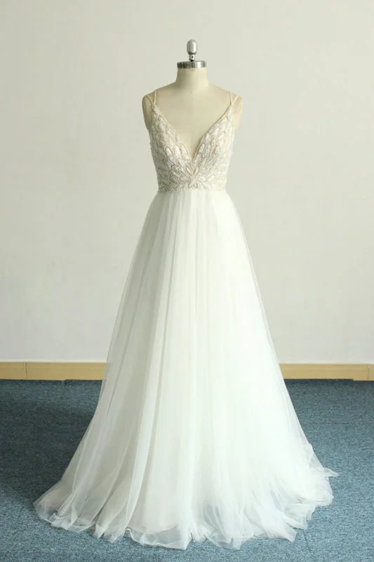 Satin Mermaid Dress Chic Strap Spaghetti Appliques Tulle Wedding Dress