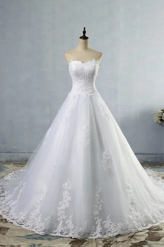 Glam Ball Gown Chic Strapless Appliques A-line Tulle Wedding Dress