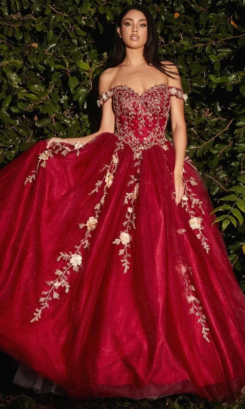 Draped Formal Dress Cinderella Divine CD0185 - Off Shoulder Tulle Ballgown