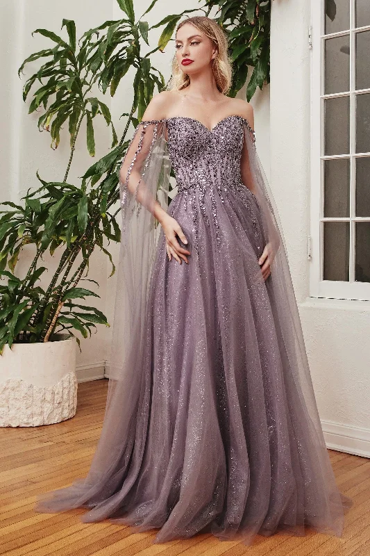 Lace Sleeves Dress Cinderella Divine CD0204 English Violet 4X Sale