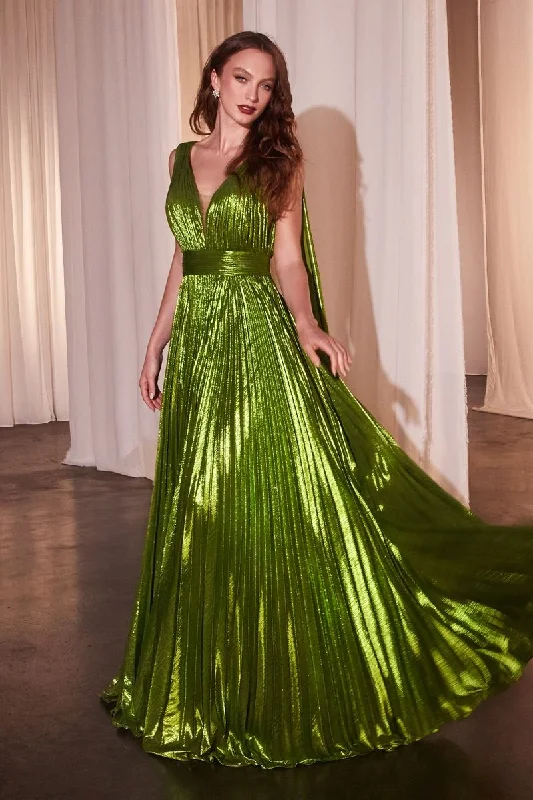 Romantic Floral Dress Cinderella Divine CD802 Long Pleated Formal Metallic Prom Cape Dress